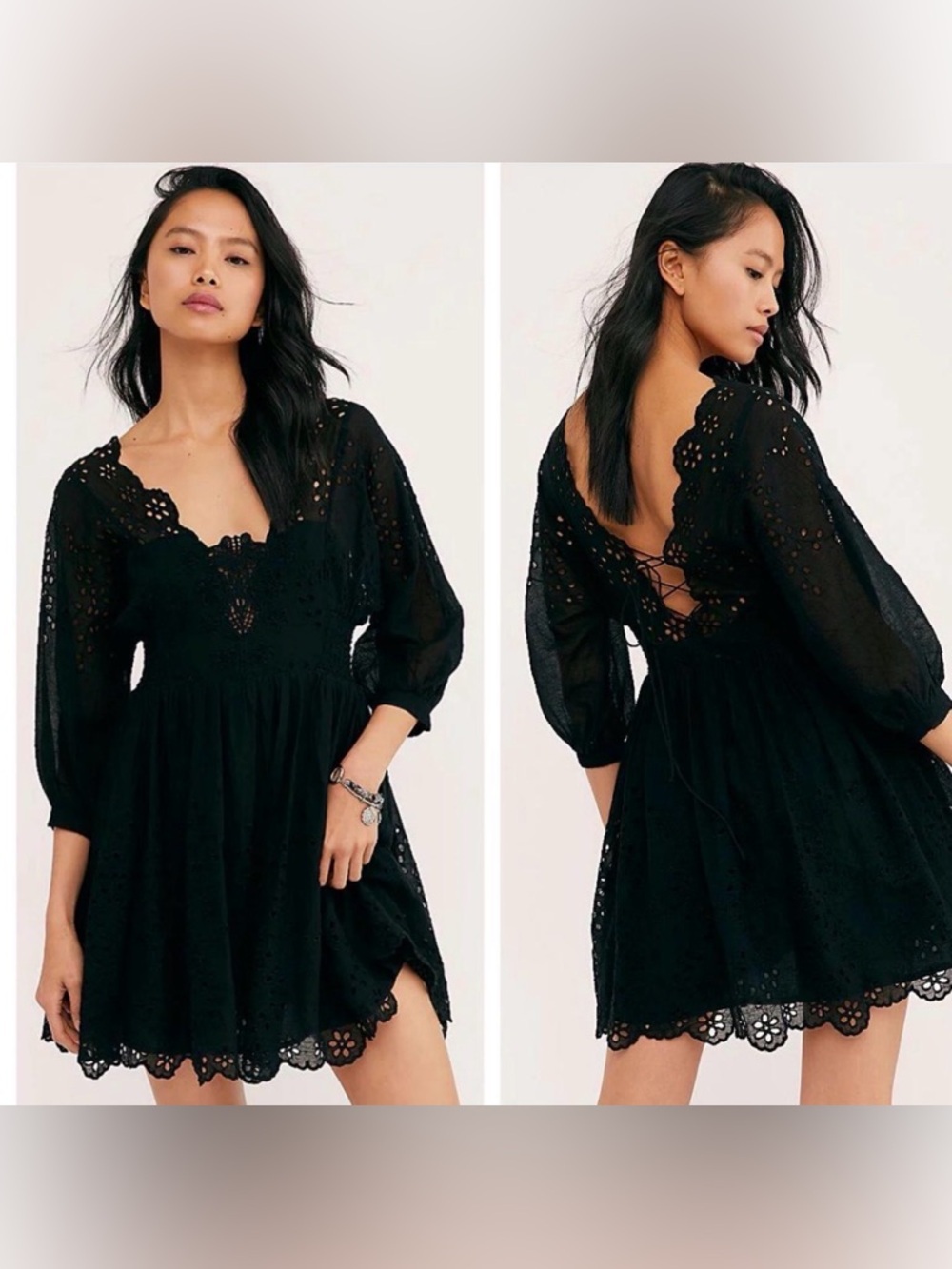 Free People Black Eyelet Lace-Up Mini Dress